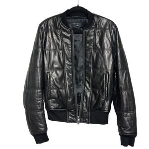 Theory Mens Black Leather Quilted Bomber Jacket Zip Up Ribbed Collar Cuffs Sz -S